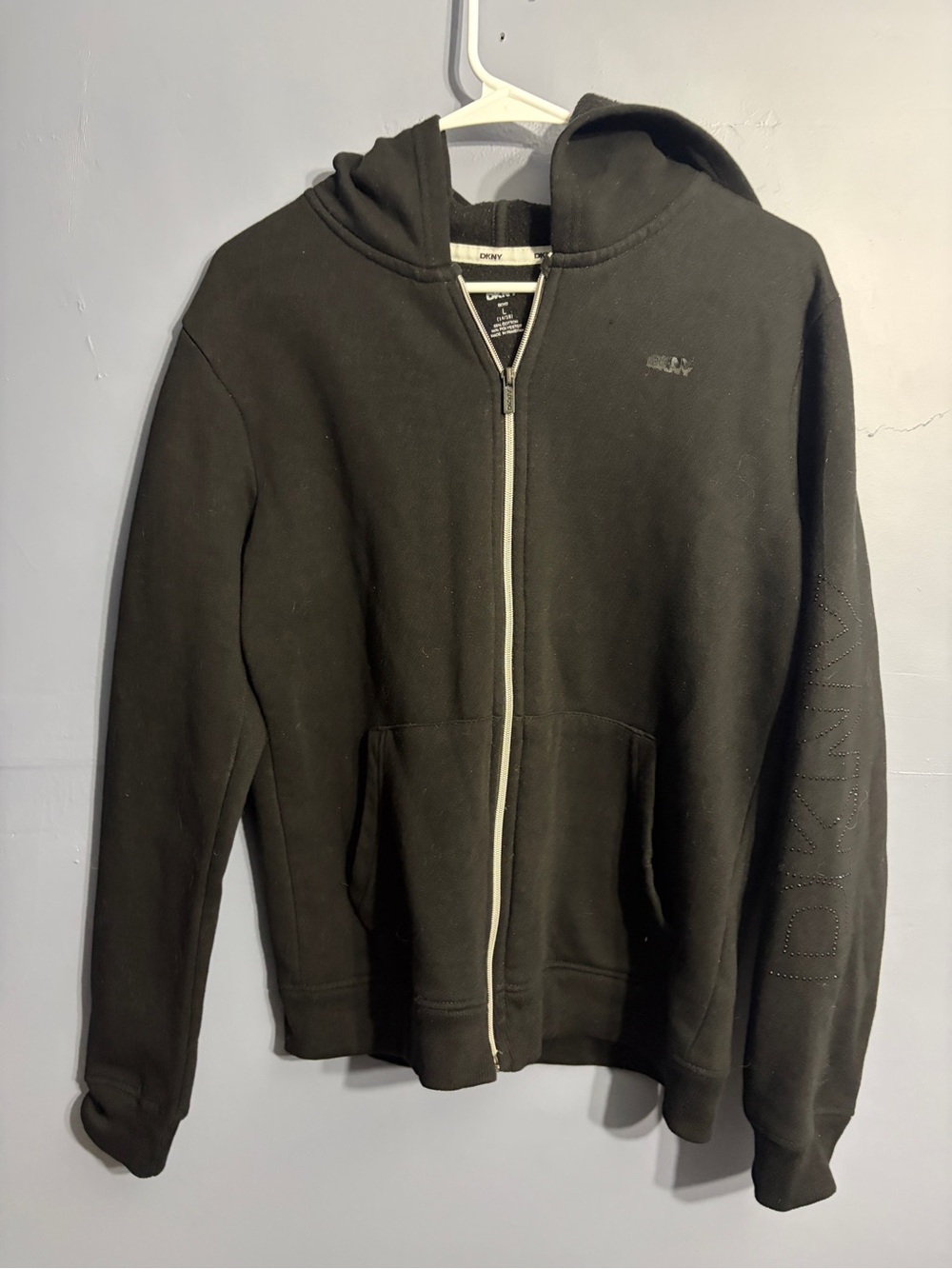 Boys DKNY Black Zip-Up Hooded Sweatshirt with Subtle Logo size L/XL
